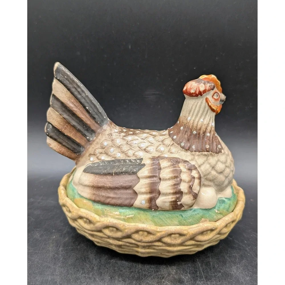 Antique Staffordshire Ceramic Hen on Nest Covered Dish Hand Painted As Is 6